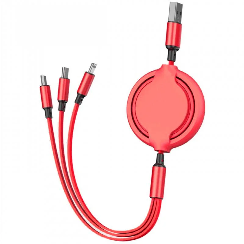 Telescopic Retractable Flexible 3 in 1 Fast Charging Cable USB2.0 to Type-C&Android&Lightning Mobile Phone Cable